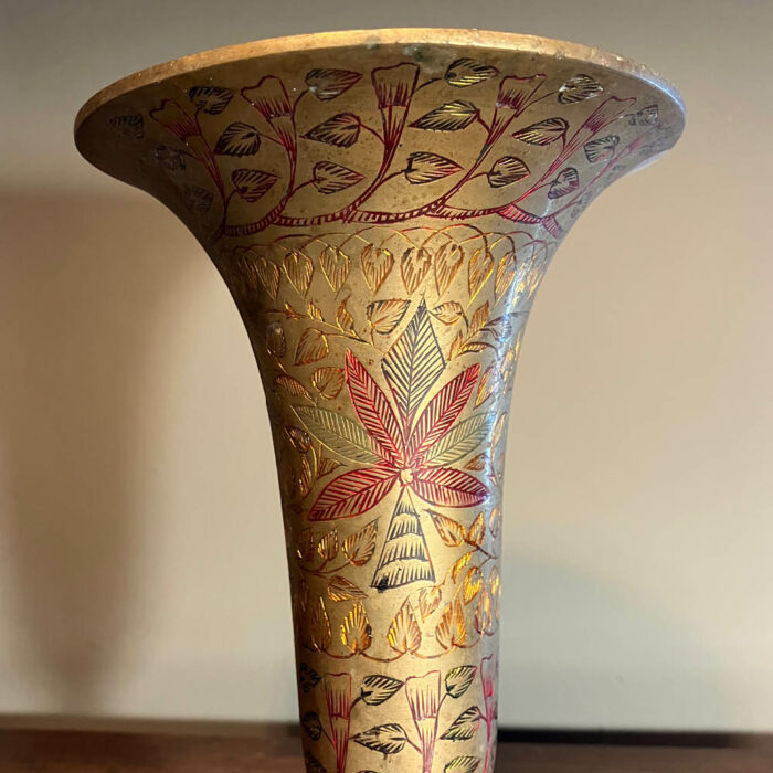 Vintage Indian enamel and brass trumpet vase
