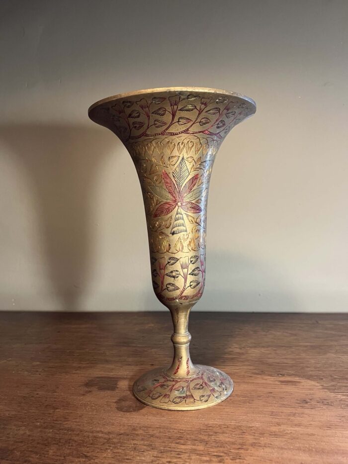 Vintage Indian enamel and brass trumpet vase - Image 2