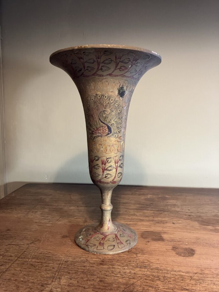 Vintage Indian enamel and brass trumpet vase - Image 3