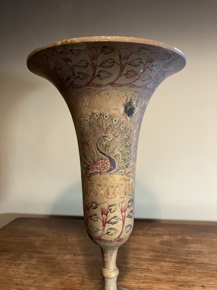Vintage Indian enamel and brass trumpet vase - Image 4