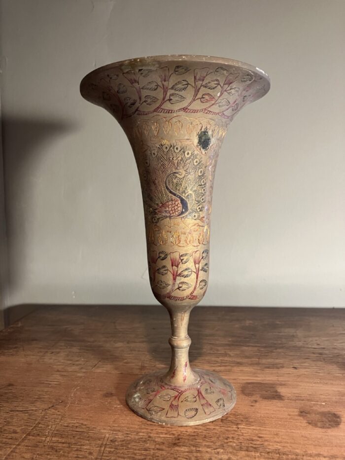 Vintage Indian enamel and brass trumpet vase - Image 5