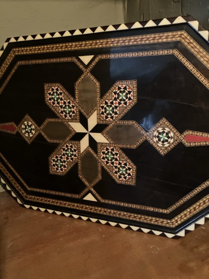 Vintage Spanish lacquered marquetry wood mosaic inlay tray - Image 5