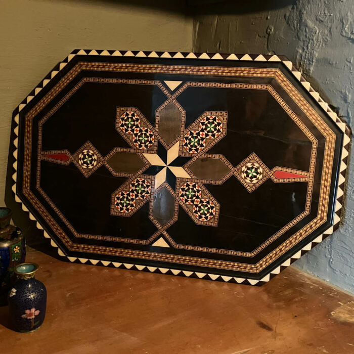 Vintage Spanish lacquered marquetry wood mosaic inlay tray